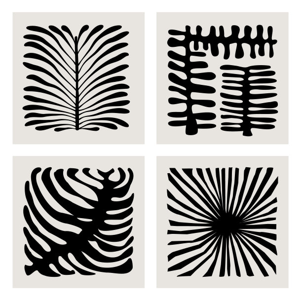 抽象几何植物叶子，现代墙艺术图形版画模板，水墨叶矢量插图图片下载