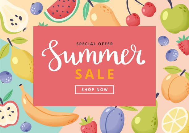 夏季出售水果的横幅。手绘可爱的水果和文字。矢量插图彩色模板在平面卡通风格图片下载