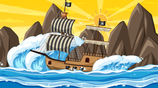 海洋与海盗船在日落时的卡通场景图片下载