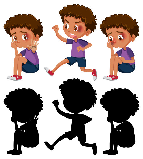 一组男孩卡通人物在不同的位置与其剪影图片下载