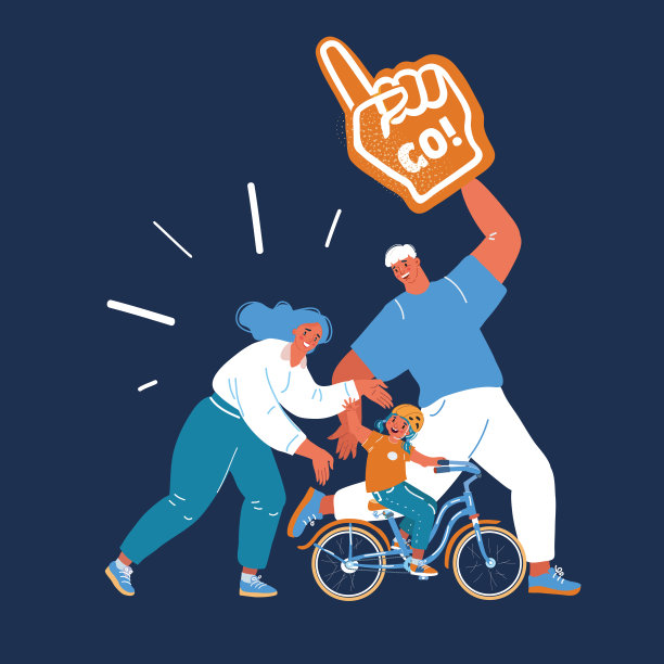 矢量插图的母亲和父亲教他们的小年轻漂亮的女儿骑自行车在黑暗的背景。图片下载