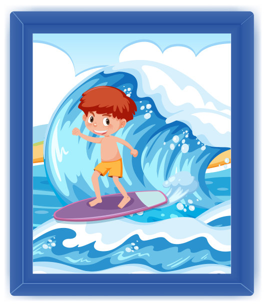 一个男孩冲浪大浪场景照片在一个框图片下载