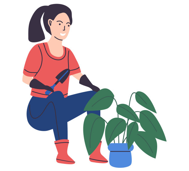 女农民坐在花盆里种植植物图片下载