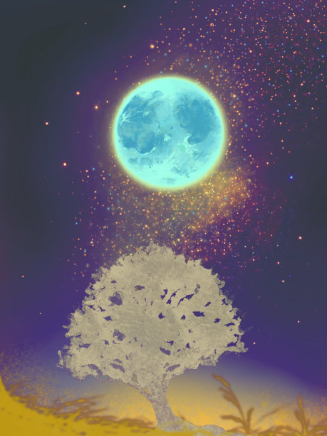 在美丽的星空下，长满树木的神秘色彩插图图片下载