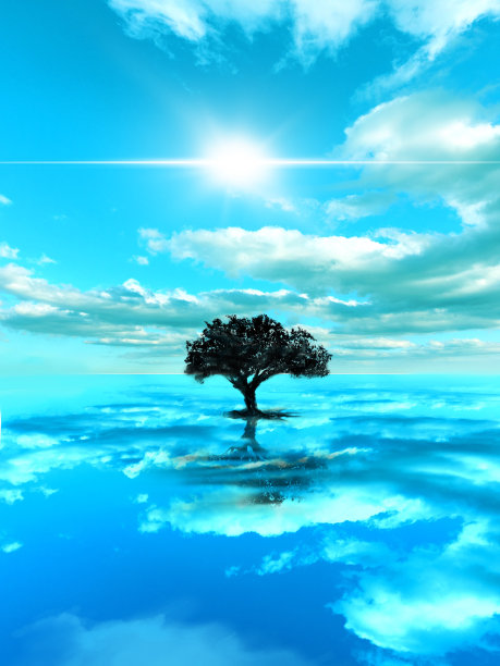 一个美丽的晴朗的天空反射在乌尤尼湖和树上升在中心的插图图片下载