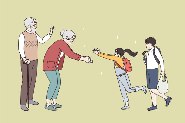 年迈的祖父母会见兴奋的小孙子孙女图片下载