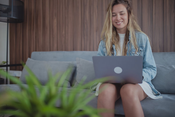 一个女人坐在沙发上，用笔记本电脑远程工作的前视图。图片下载