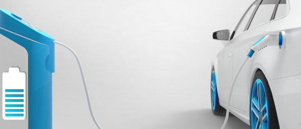 电动汽车充电站是为电动汽车连接的绿色能源和生态动力的电站充电器电池的概念。充电，电池充电- 3d渲染图片下载