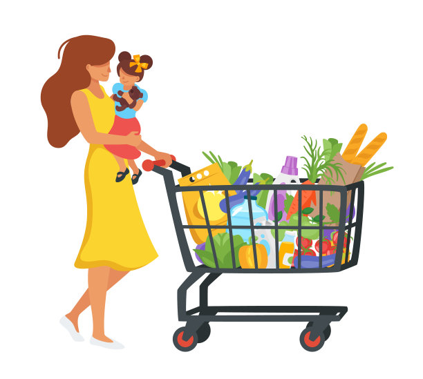 男人推着装满商品的购物车图片下载