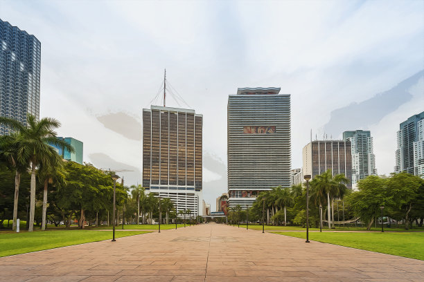 漫画书风格的摩天大楼，佛罗里达州迈阿密图片下载