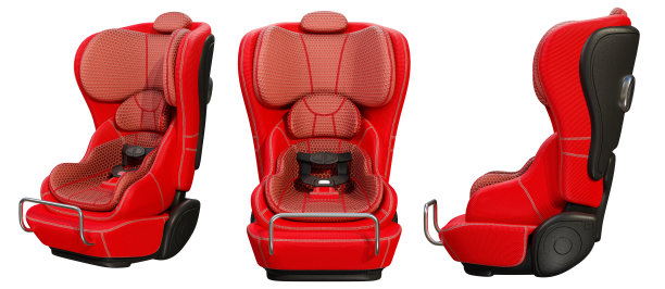 一组用3D渲染的红色婴儿汽车座椅，孤立在白色背景上。图片下载