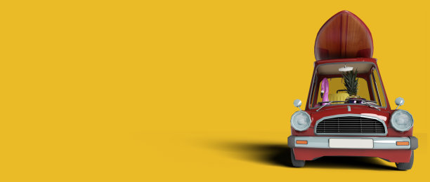 红色复古车，车顶行李箱，准备夏季旅行。副本的空间。3 d渲染。图片下载