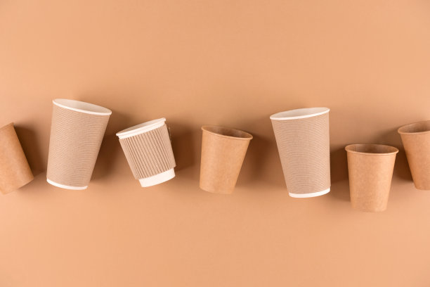 一套各种纸咖啡杯在浅棕色的背景与拷贝空间。外带热饮的生态纸杯。可持续的外卖食品包装概念。俯视图图片下载