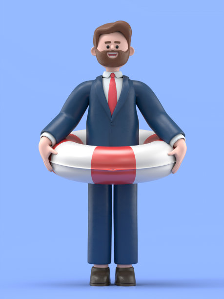 带着救生圈的微笑商人鲍勃的3D插图。白底3D渲染。图片下载