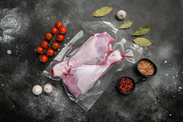 生火鸡大腿真空包装，俯视图平躺，在黑色深色的石头桌子背景图片下载