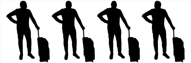 一个带轮子的旅行箱的男人。正面，正面。这个人把手放在行李的把手上，另一只手放在皮带上。等待的姿势。四个孤立的黑人男性剪影图片下载