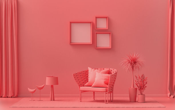 三框画廊墙，单间浅粉色的家具和植物图片下载