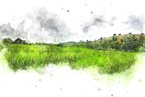 抽象色彩斑斓的山峰和树木山水水彩插画画背景。图片下载