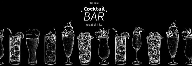 酒精鸡尾酒手绘矢量插图。鸡尾酒。菜单栏设计元素。手绘素描集。图片下载