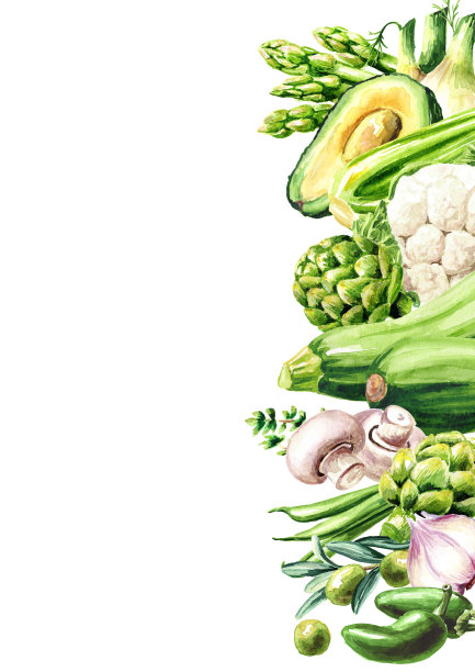 素食食物。新鲜蔬菜，手绘水彩插图，孤立在白色背景图片下载