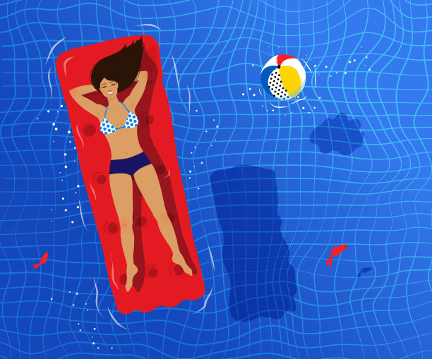 年轻女子漂浮在池筏上的矢量插图图片下载