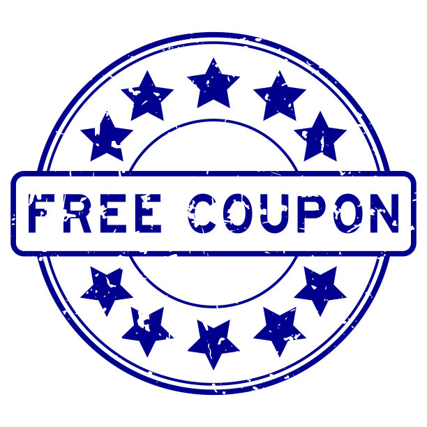 Grunge蓝色免费优惠券字与明星图标圆形橡胶印章在白色背景图片下载