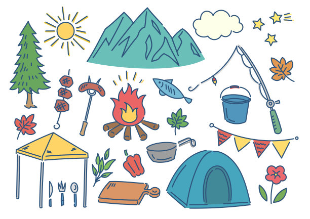 与山中露营有关的插图，颜色。图片下载
