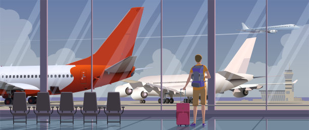 在机场的候机楼，可以看到飞机。向量。图片下载