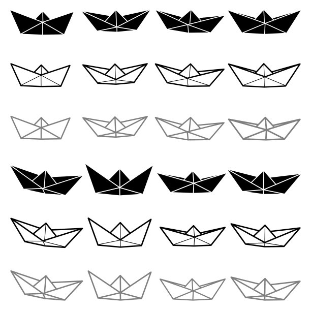 一套不同风格的矢量插图的纸船图标。轮廓简单，轮廓，粉笔和彩色小船孤立在白色背景。象征着旅行和海洋。图片下载