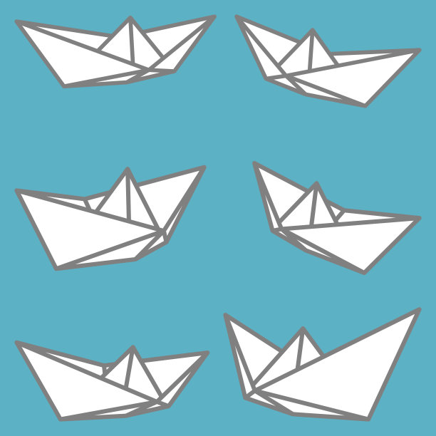 一套矢量插图的纸船图标。轮廓简单的牛皮纸船孤立在蓝色背景。象征着旅行和海洋。图片下载