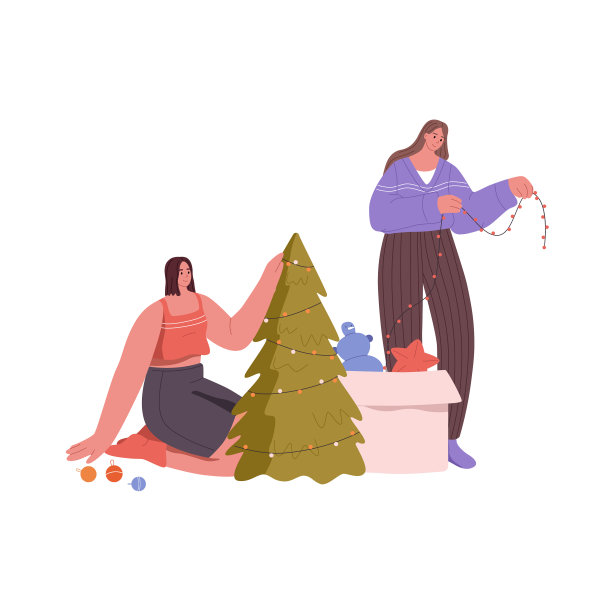 闺蜜夫妇用冷杉装饰圣诞树图片下载