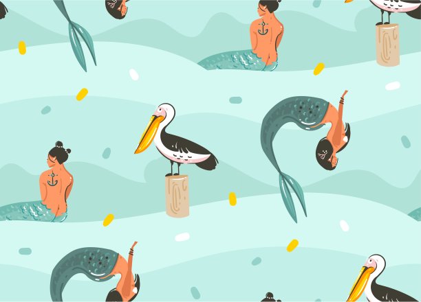 手绘矢量抽象卡通图形夏季水下时间插图无缝图案鹈鹕鸟，鱼和美丽波西米亚美人鱼女孩人物孤立在蓝色背景图片下载