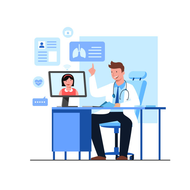 男医生从电脑上网咨询患者并咨询治疗。图片下载
