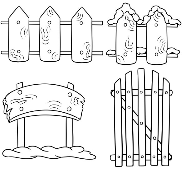 单色插画，冬夏旧木栅栏，卡通风格的旧木栅栏图片下载