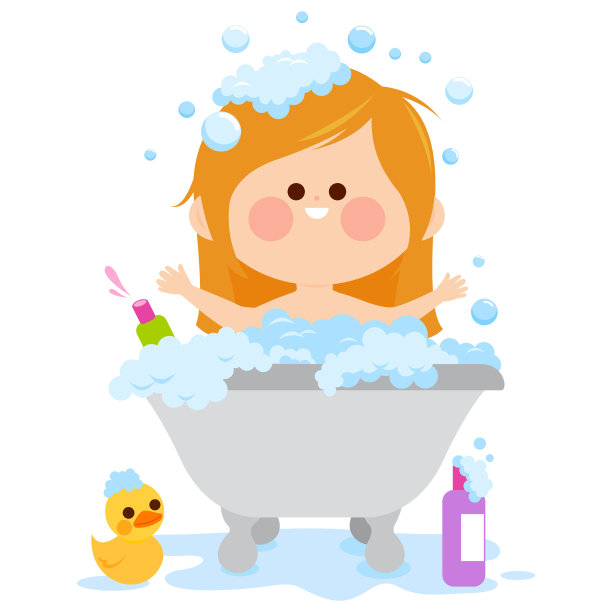 小女孩在浴缸里洗澡。矢量图图片下载