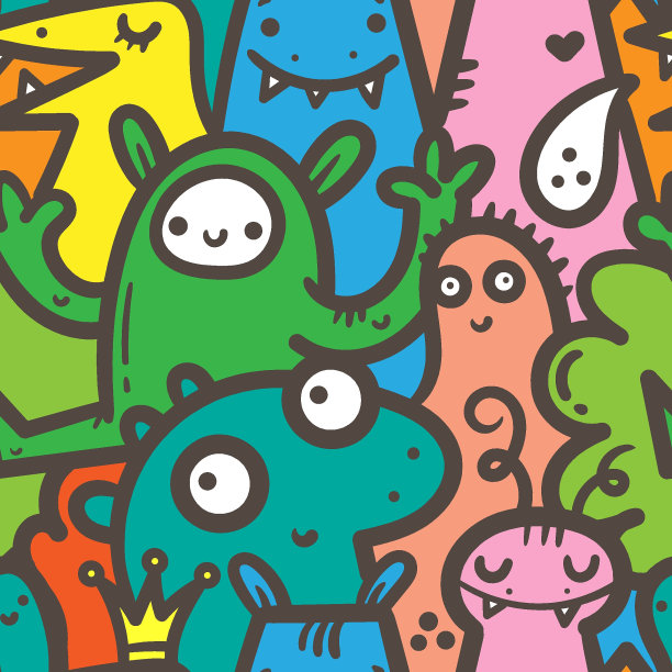 无缝图案与可爱的卡通生物彩色背景。有趣的卡通动物印刷。涂鸦怪物海报。图片下载