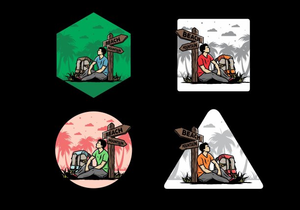 男人坐在路牌旁的地上，海滩和山脉插图图片下载