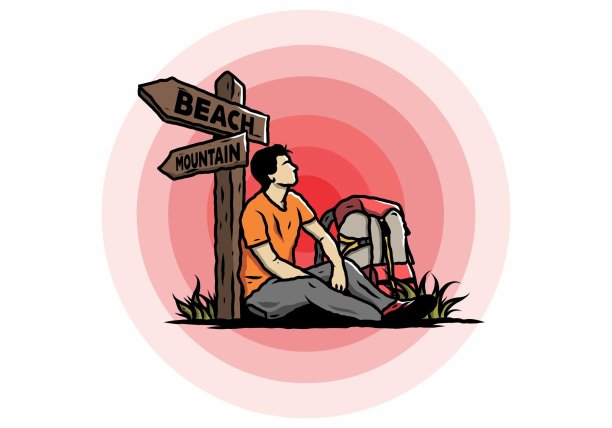男人坐在路牌旁的地上，海滩和山脉插图图片下载