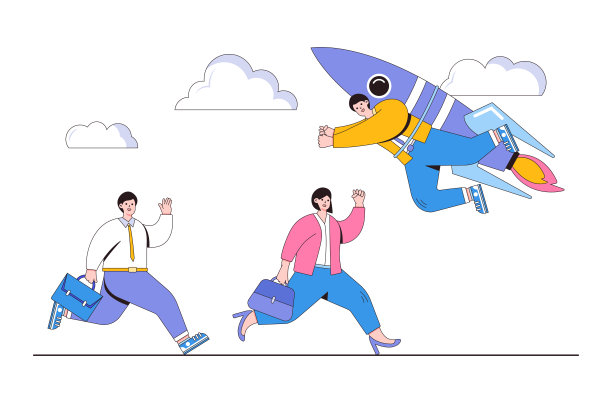 积极主动，发现新机会，创造性的方法获得成功并赢得比赛，领导能力的理念。商人以不同于其他竞争者的方式携带火箭喷气背包飞行图片下载