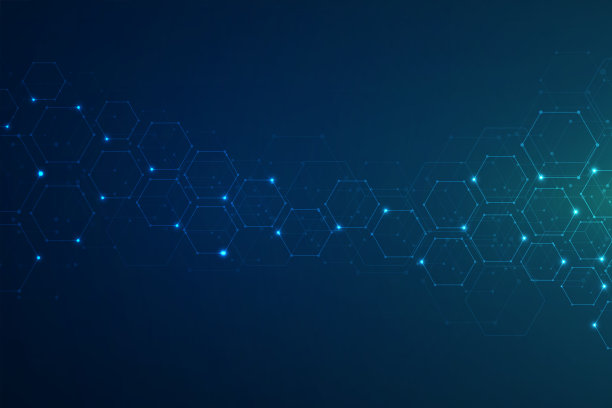 蓝色背景上的六边形图案。基因研究，分子结构。化学工程。创新科技理念。用于设计保健、科学和医学背景图片下载