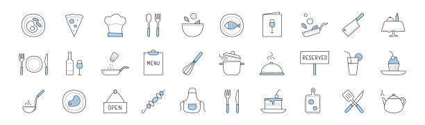 设置食物烹饪和厨师餐厅涂鸦图标图片下载