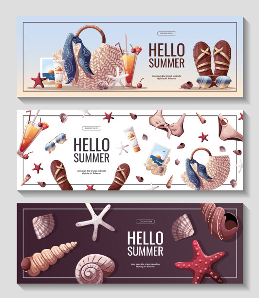 套夏季横幅海滩假期，暑假，休闲，娱乐的概念。图片下载