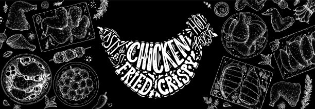 鸡肉晚餐。烤鸡和炸鸡。手绘草图插图。烤鸡肉俯视图框。矢量插图。雕刻设计。餐厅菜单设计模板。图片下载