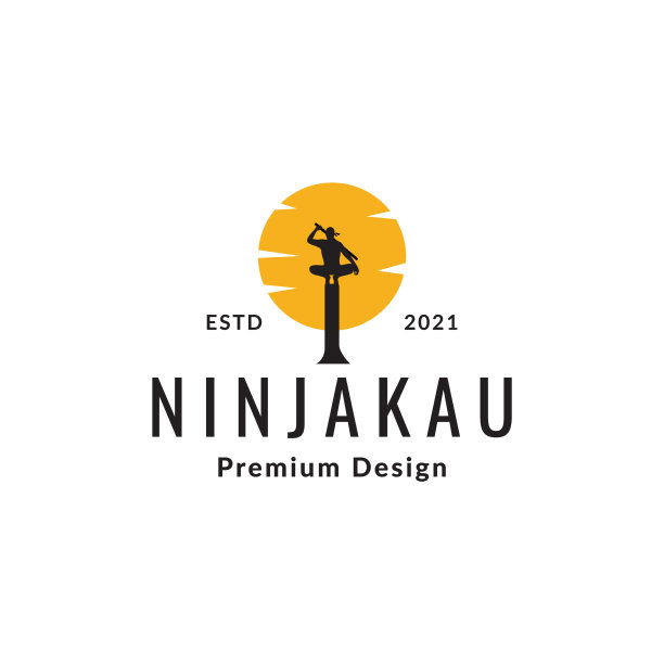 剪影忍者与日落复古标志设计图片下载