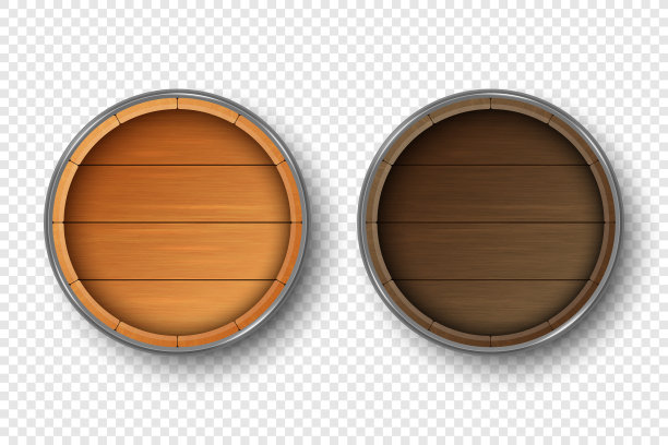 Vector 3d逼真木桶盖存储酒精饮料设置。棕色啤酒，葡萄酒木桶。高详细的木材矢量桶的葡萄酒或啤酒图标。俯视图图片下载