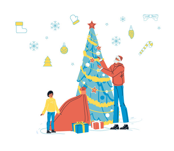 父亲和儿子装饰圣诞树图片下载