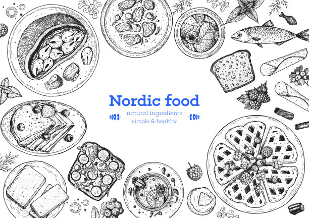 斯堪的纳维亚美食俯视图框架。瑞典式自助餐插图。一套斯堪的纳维亚菜。菜单设计模板。复古手绘素描矢量插图。雕刻的形象图片下载