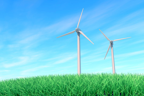 风力涡轮机和自然环境。螺旋桨:随风力旋转的螺旋桨干净的形象。可再生能源与全球环境。图片下载