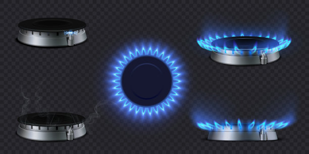 逼真的燃气燃烧器侧，顶部，和透视视图。图片下载