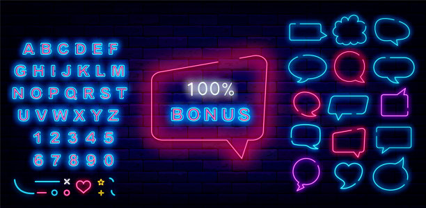 奖金霓虹灯标志在云框架。演讲泡沫收集。闪亮的蓝色的字母。向量股票插图图片下载
